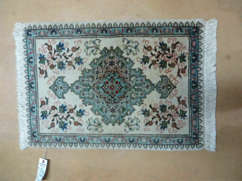 1' 9" X 2' 5" Handmade Indian Wool Rug Lahore Floral Design Small Oriental Rug Beige & Teal by Jewel Rugs