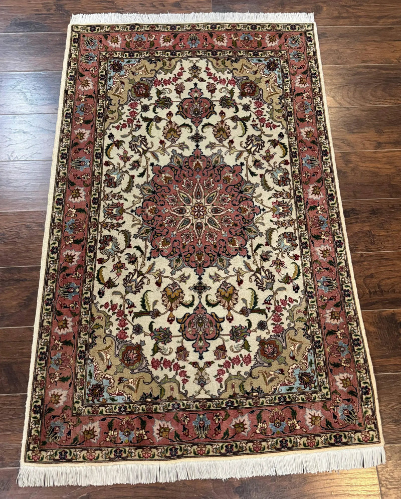 Fine Persian Tabriz Rug 3x5, Floral Medallion, 340 KPSI, Ivory Salmon by Jewel Rugs