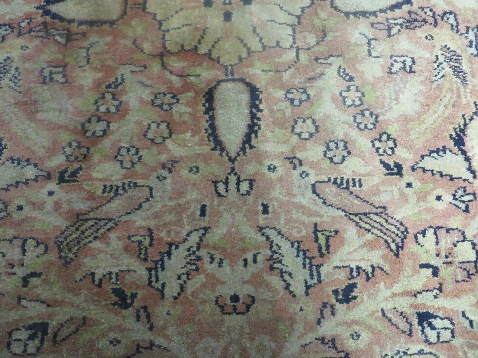 Indian Silk Rug 4x6, Indian Kashmiri Silk Carpet 4 x 6 ft, Vintage Hand Knotted Floral Bird Motifs, Light Pink and Navy Blue, Silk on Cotton by Jewel Rugs