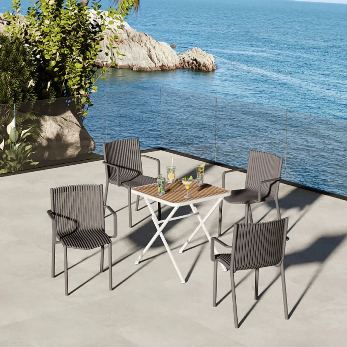 4 Modern Stackable Plastic Armchair Matched With Folding Square Table by Unique Piece Furniture