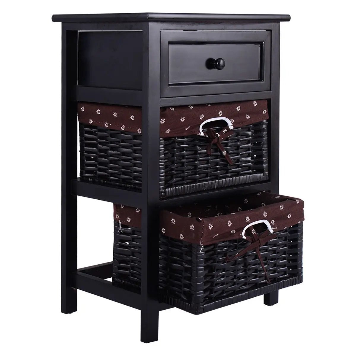 3 Tiers Wooden Storage Nightstand with 2 Baskets and 1 Drawer, photo 5 of 9