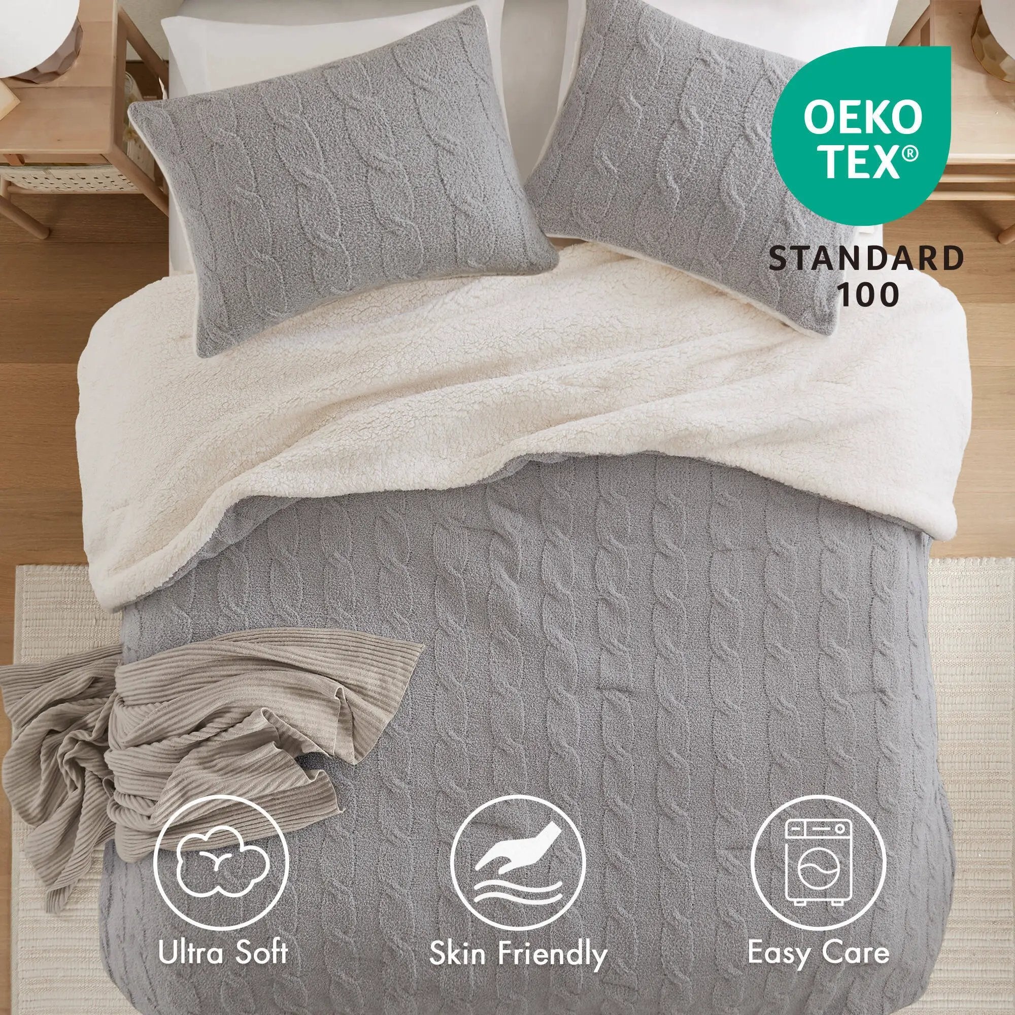 3 Pieces Full/Queen Cable Knit Chenille Comforter Set Gray by HouseOfZazla