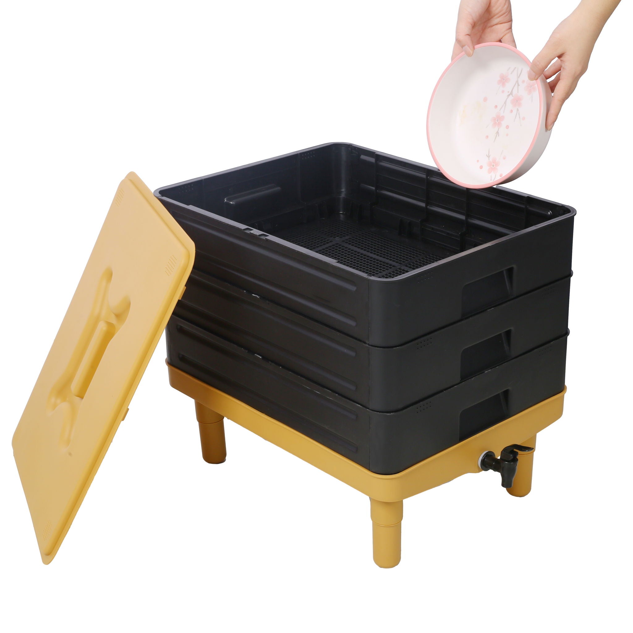 Durable 3 Tray Worm Farm Kit For Efficient Vermicomposting, 65L Capacity - Yellow / Black by HouseOfZazla