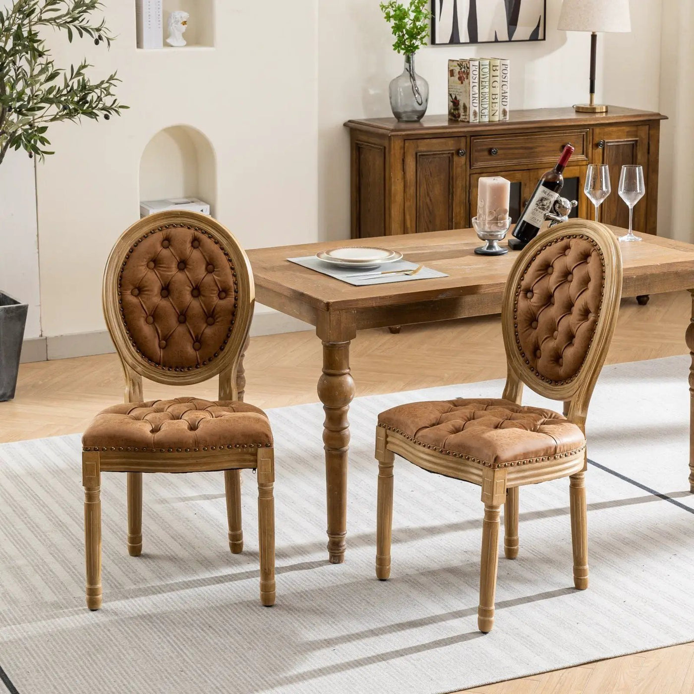French Style Solid Wood Frame Antique Painting, Hand-Pulled Buckle Decoration Artificial Dining Chair With Nailhead Trim, Wood Legs by Unique Piece Furniture