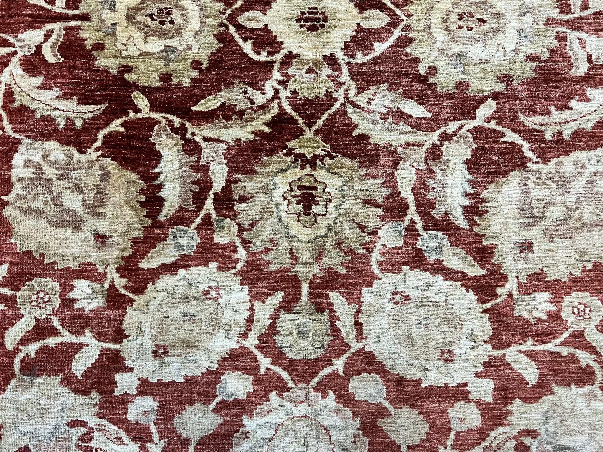 Pak Persian Rug 10x14, Sultanabad Mahal Peshawar Chobi Carpet, Large Vintage Wool Oriental Rug, Maroon & Beige, Floral Allover, Handmade by Jewel Rugs