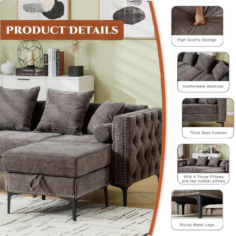 L Shaped Sectional Convertible Sofa with Storage Ottoman and Modern Tufted style by BLAKHOM