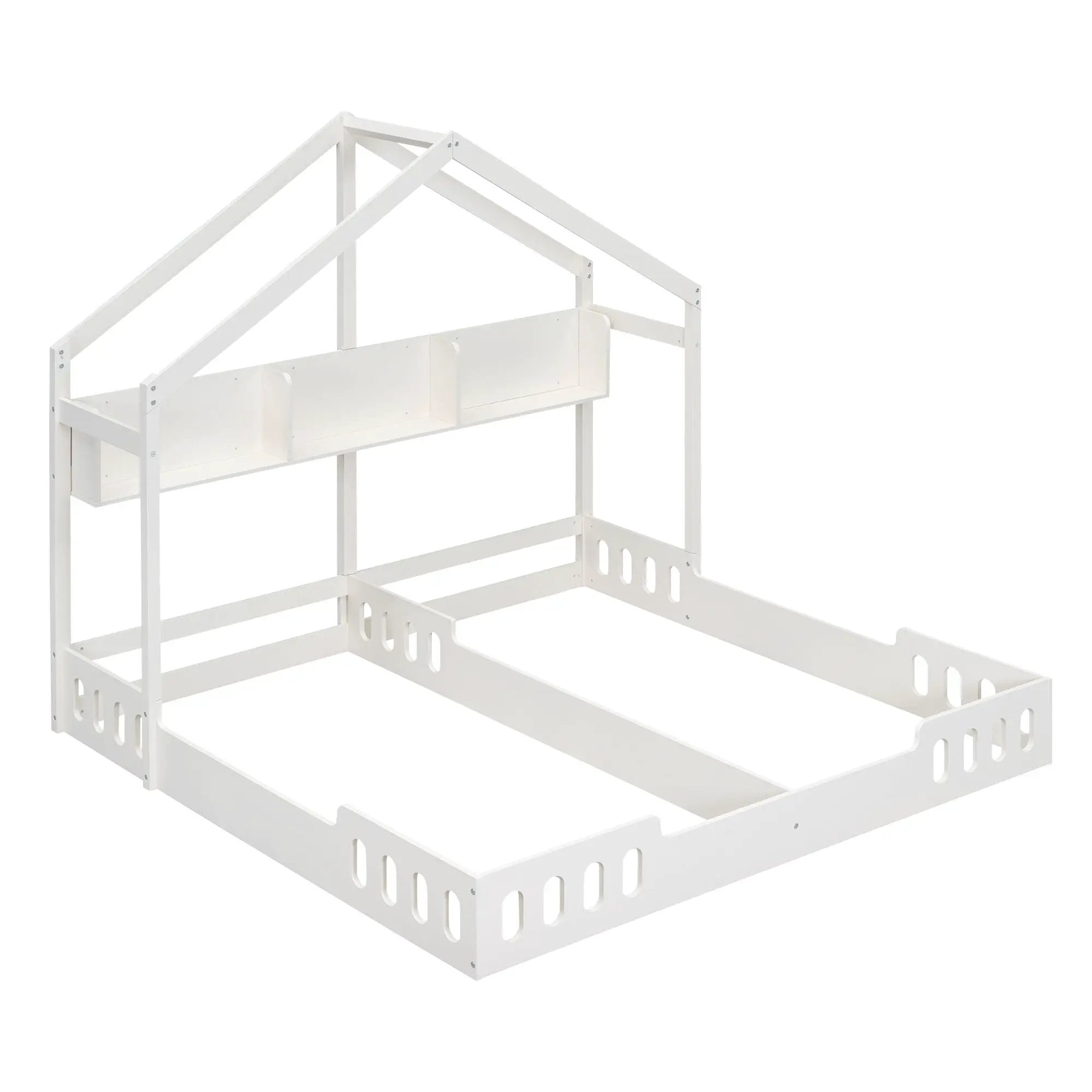 Twin Size Platform Bed With Shared Design, Guardrails, And Built In Shelves - Creamy White by Unique Piece Furniture
