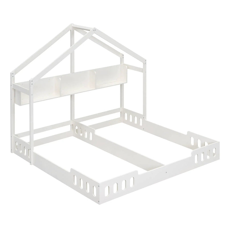 Twin Size Platform Bed With Shared Design, Guardrails, And Built In Shelves - Creamy White by Unique Piece Furniture