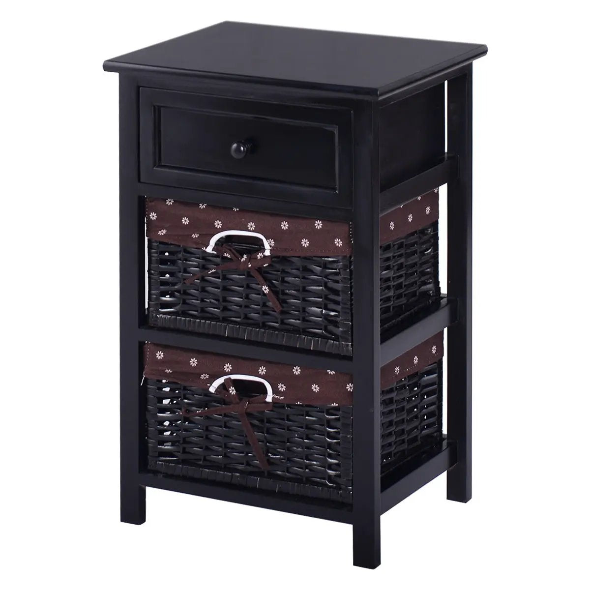 3 Tiers Wooden Storage Nightstand with 2 Baskets and 1 Drawer, photo 3 of 9