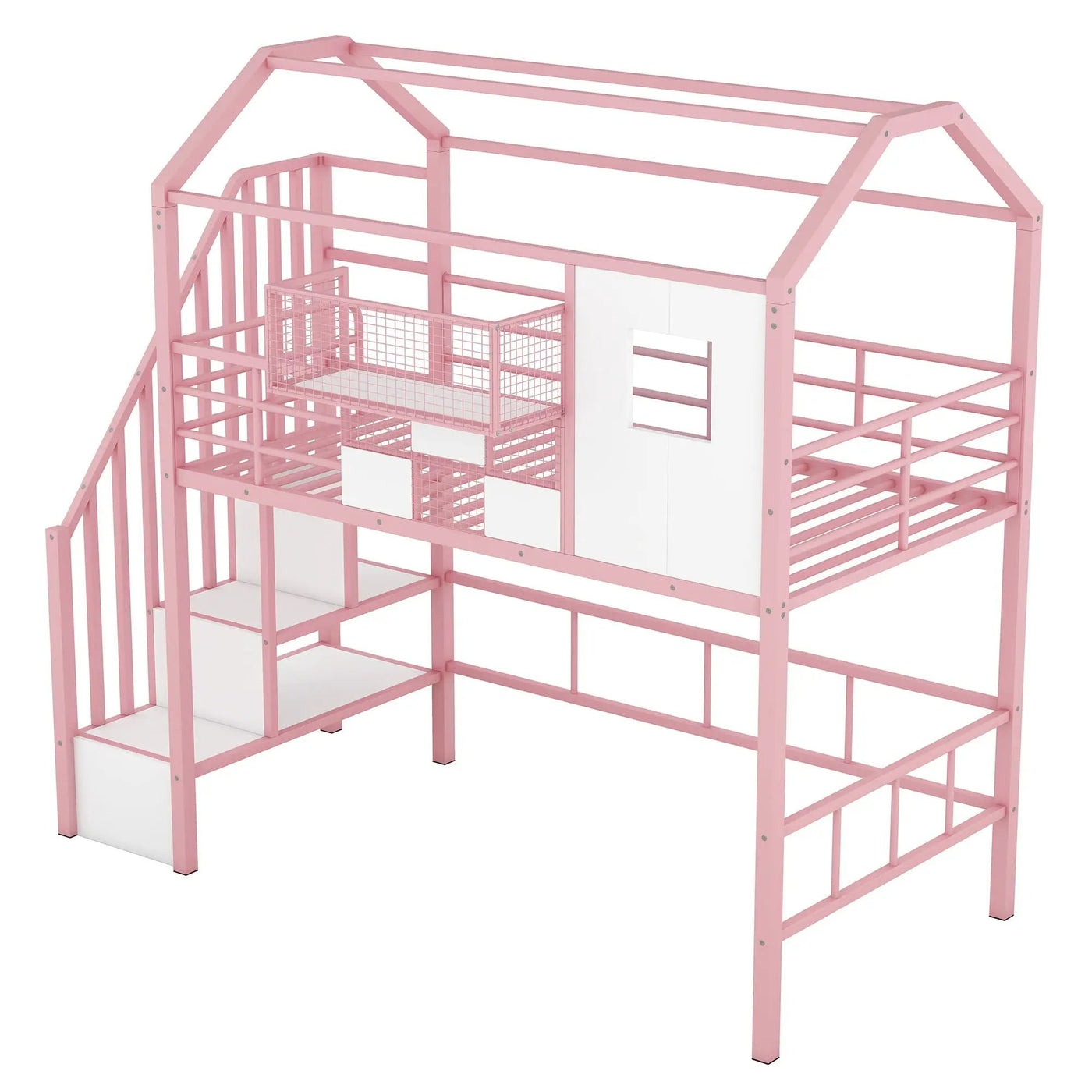 Metal Loft Bed With Roof Design And Storage Box With Guardrails And Integrated Ladder by HouseOfZazla