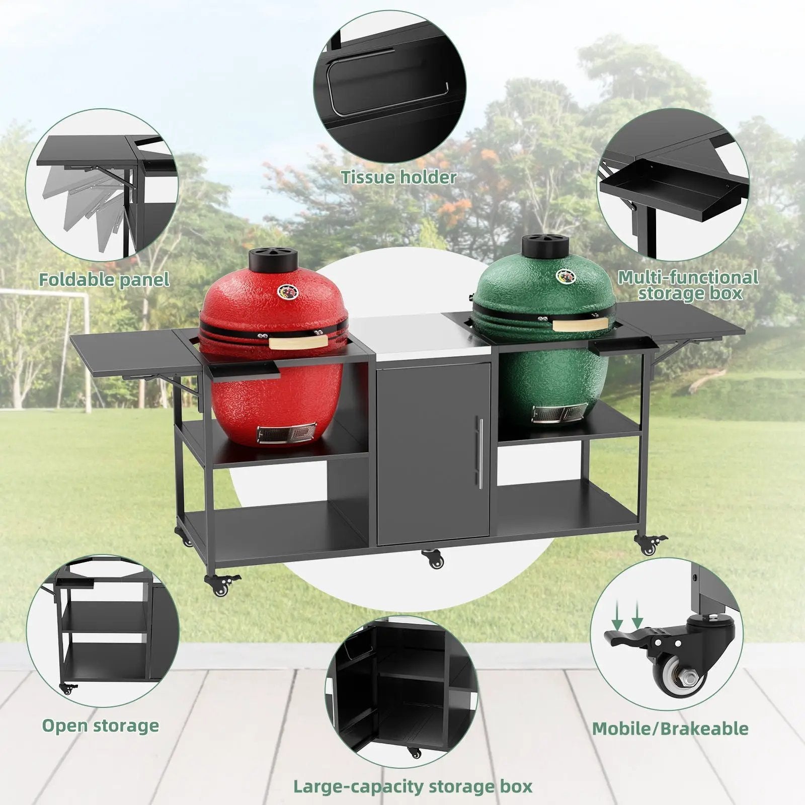Outdoor Grill Cart For 2 Big Egg - Black / Silver by HouseOfZazla