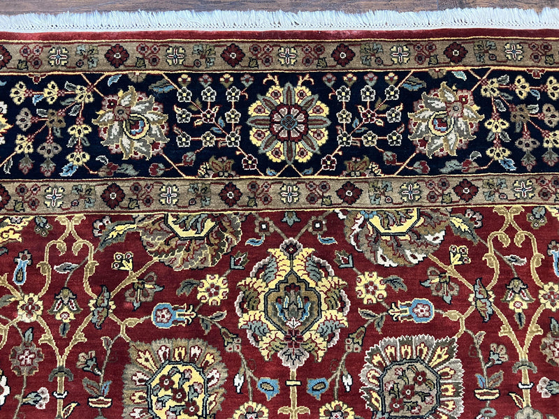 Indo Persian Rug 9x12, Hand Knotted Traditional Indian Wool Oriental Carpet 9 x 12 ft, Maroon and Navy Blue, Floral Allover 9x12 Vintage Rug by Jewel Rugs