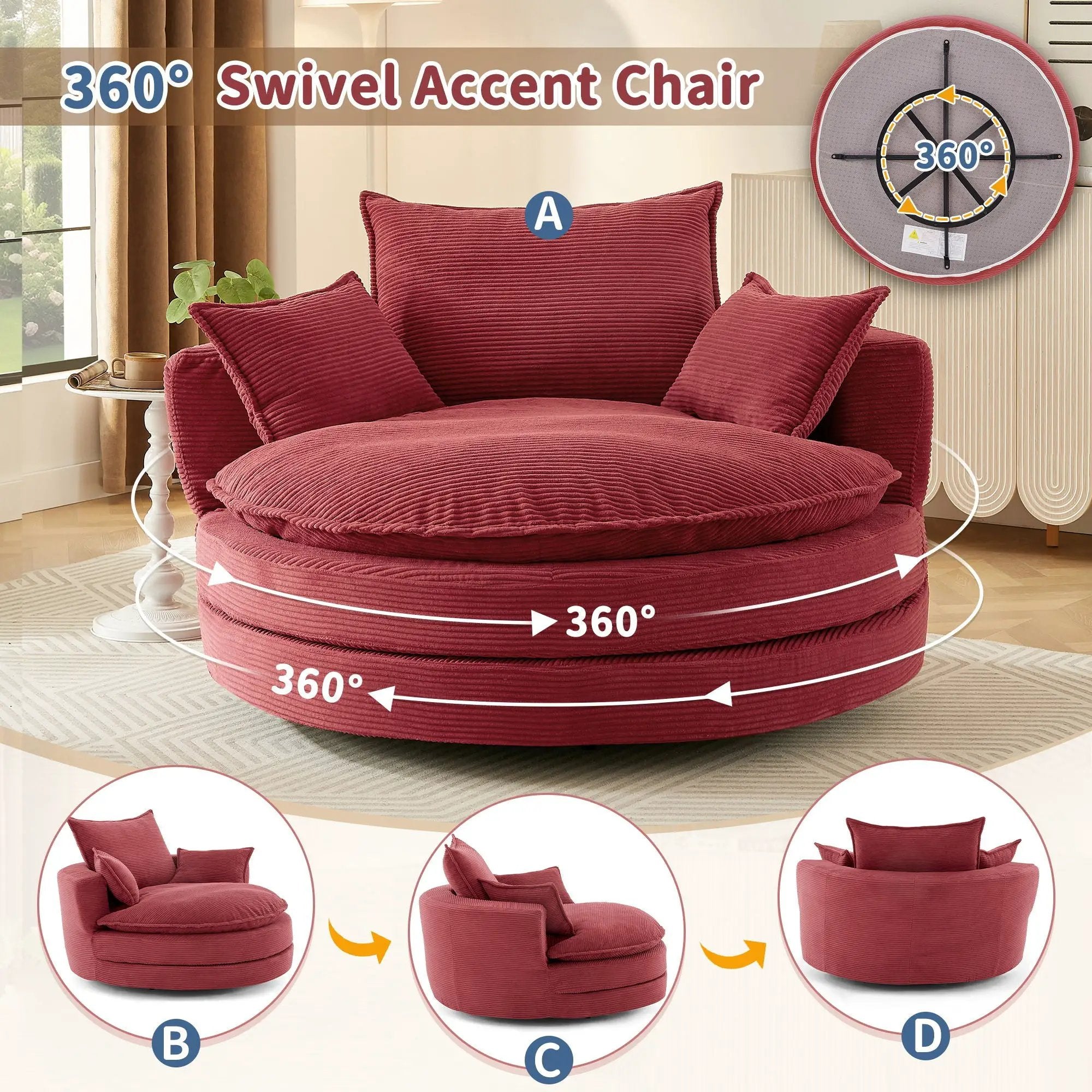360° Swivel Accent Barrel Chair With Dual Layer Cushion And 3 Removable Pillows by HouseOfZazla