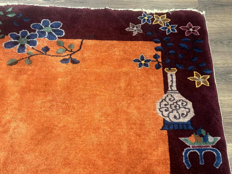 Chinese Art Deco Rug 5x8, Antique Chinese Wool Rug, Nichols Rug, Rare Chinese Carpet, Orange and Purple-Maroon by Jewel Rugs