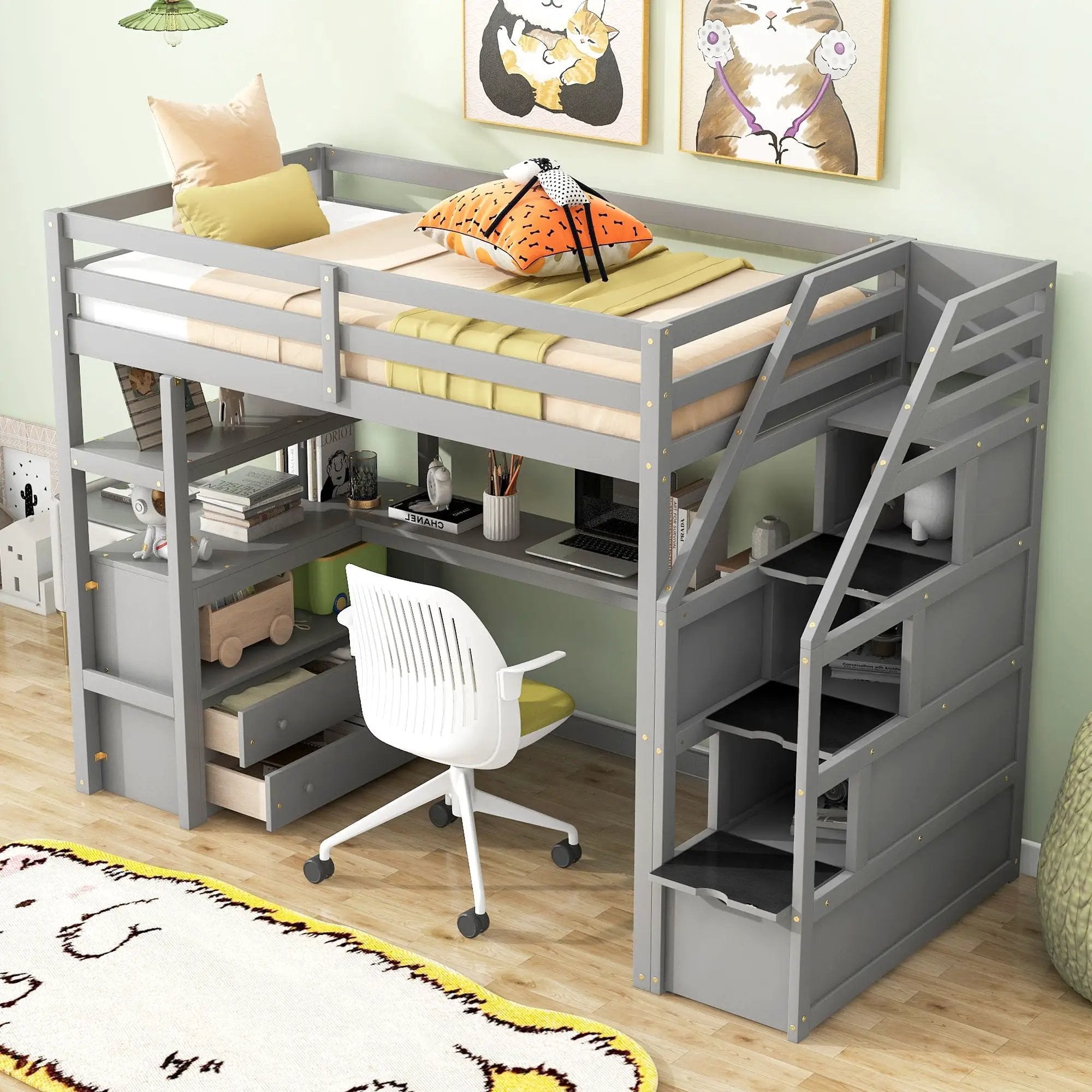 Loft Bed With Desk, Shelves, 2 Drawers, Storage Staircase by HouseOfZazla