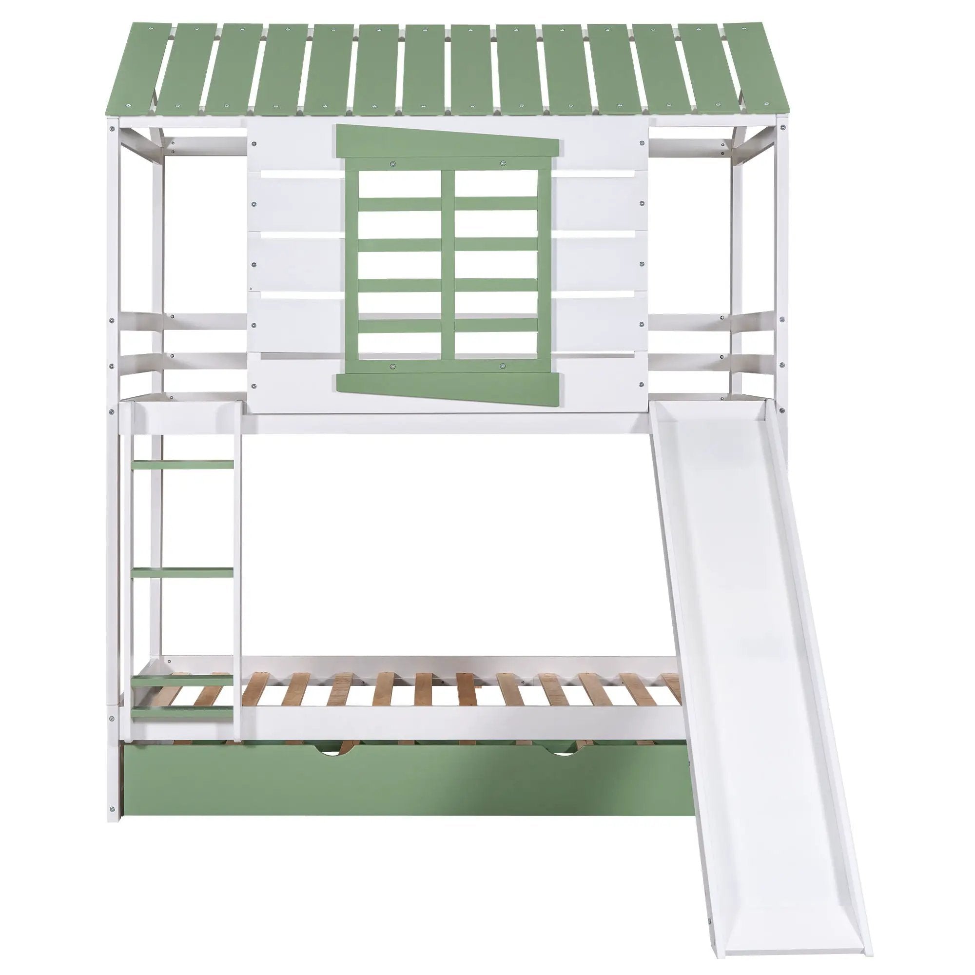 Twin Over Twin House Bunk Bed With Convertible Slide And Trundle - White by HouseOfZazla