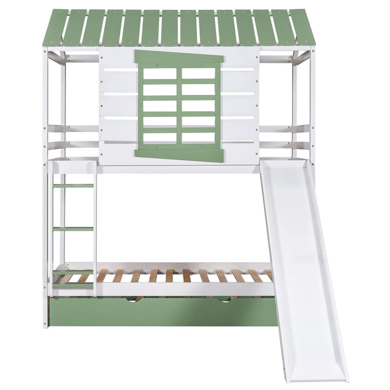 Twin Over Twin House Bunk Bed With Convertible Slide And Trundle - White by HouseOfZazla
