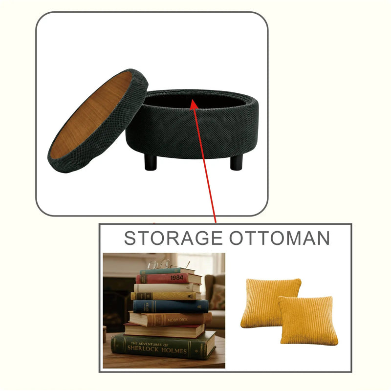 25 Inch Round Storage Ottoman with Tray by HouseOfZazla