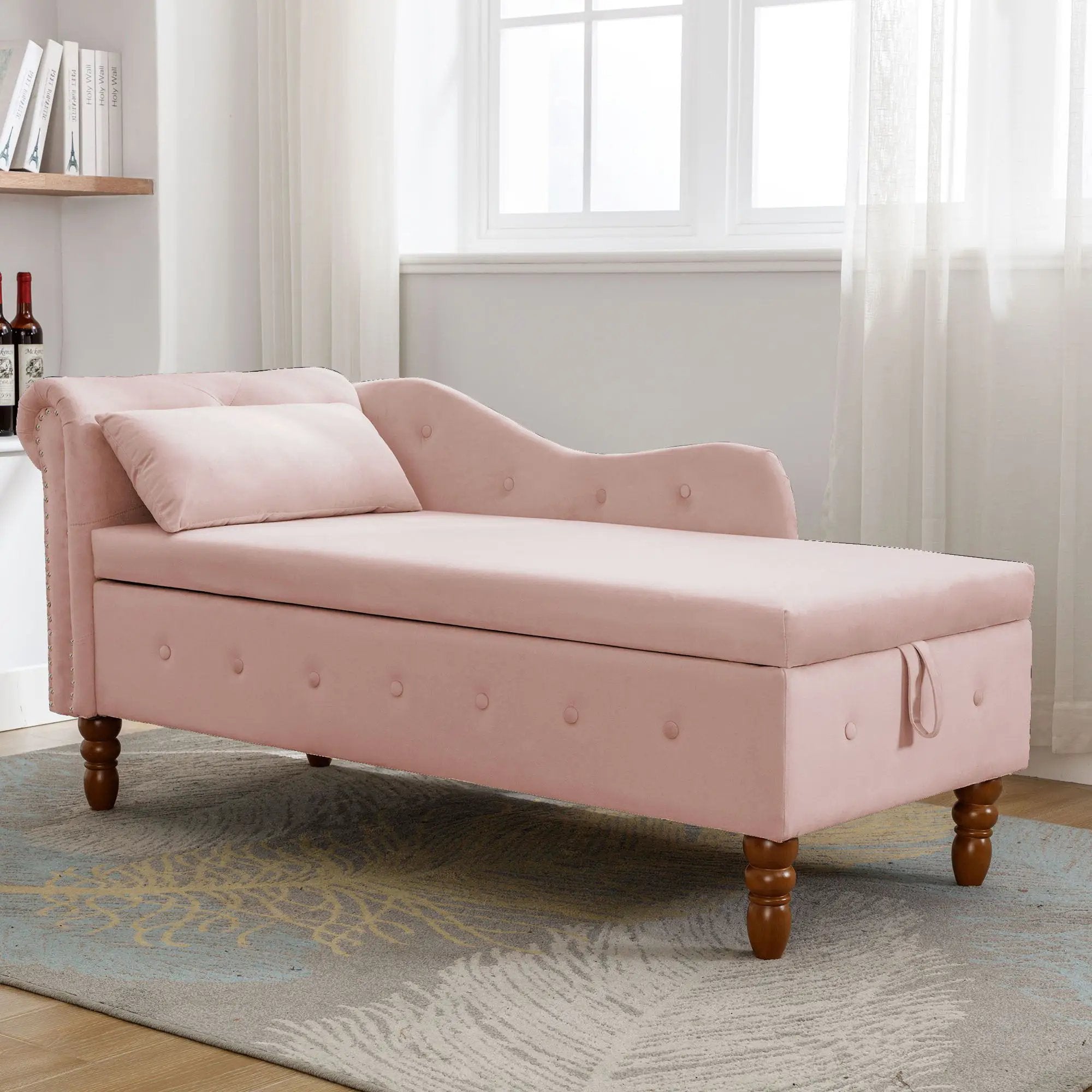 Chaise Lounge Indoor, Lounge Chair For Bedroom With Storage & Pillow, Modern Upholstered Rolled Arm Chase Lounge For Sleeping With Nailhead Trim For Living Room Bedroom Office by Unique Piece Furniture