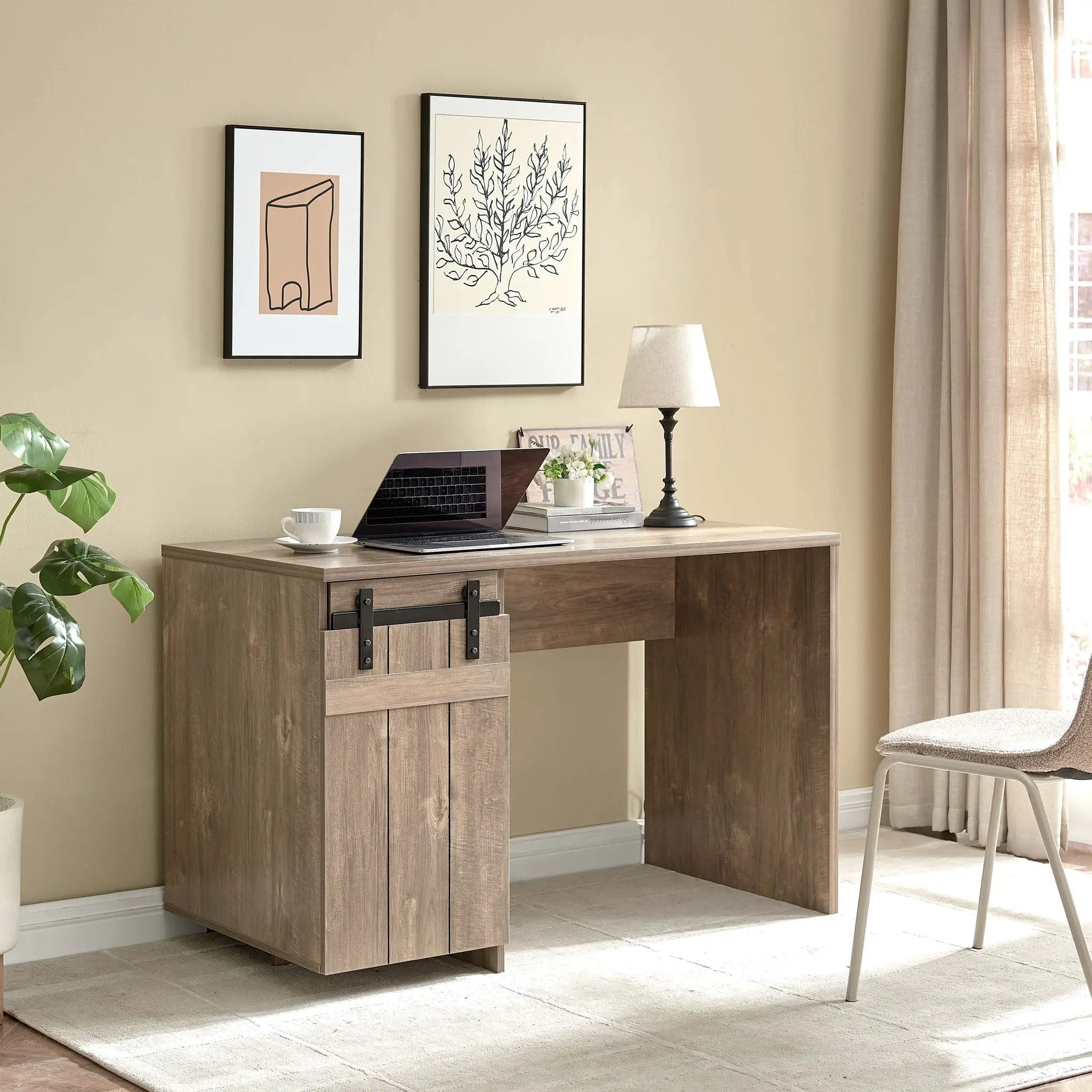 Home Office Desk Hazelnut One Cabinet Three Shelves Faux Barn Door On Metal Euro Hinges Modesty Panel - Light Brown by Unique Piece Furniture