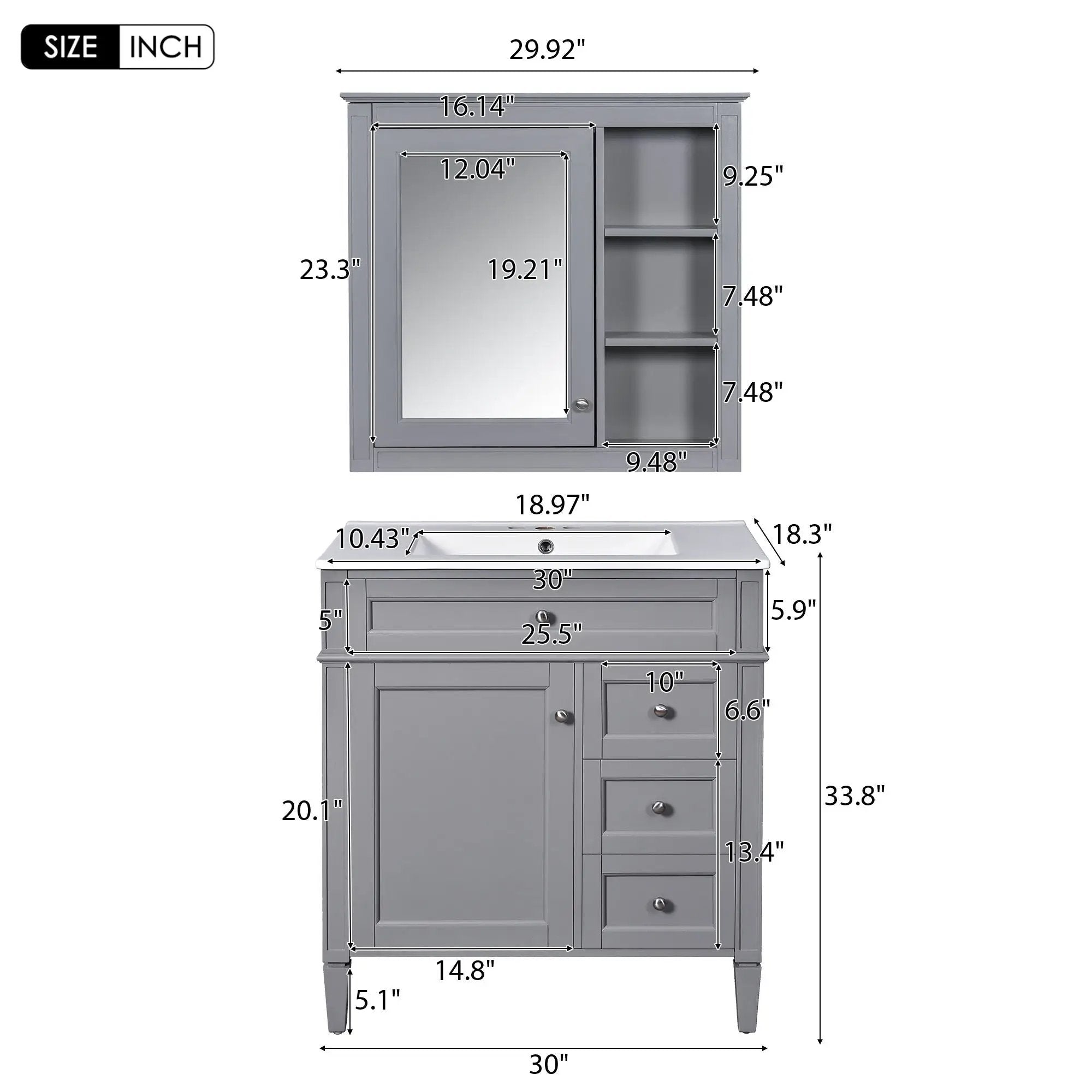 Bathroom Vanity With Top Sink, Freestanding Storage Cabinet With 2 Doors And 3 Drawers, Mirror Cabinet Included - Gray by Unique Piece Furniture