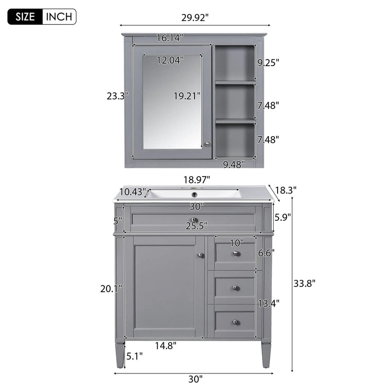 Bathroom Vanity With Top Sink, Storage Cabinet & Mirror - Gray by HouseOfZazla