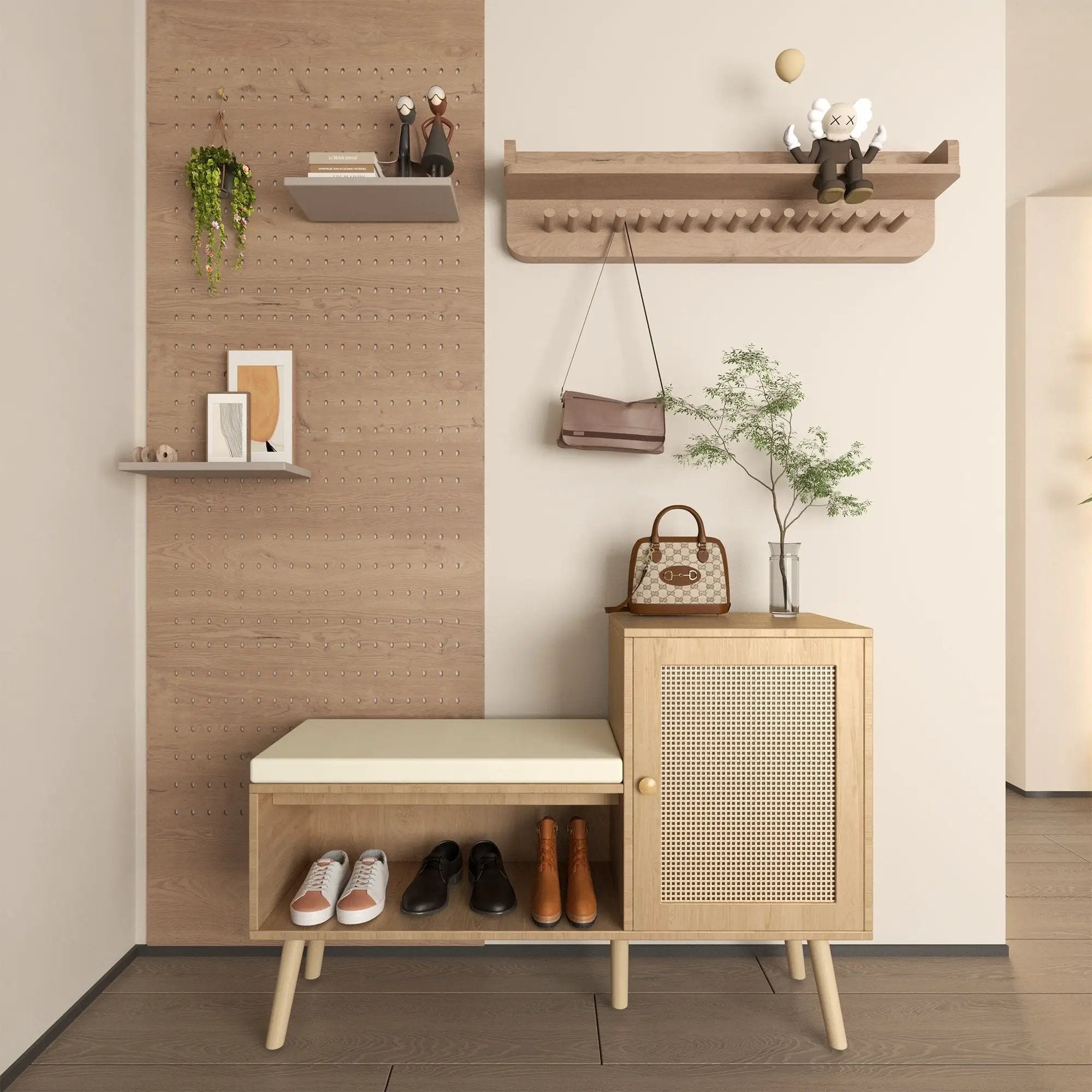 2 In 1 Shoe Storage Bench With Adjustable Shelves - Antique Natural / Rattan by Unique Piece Furniture