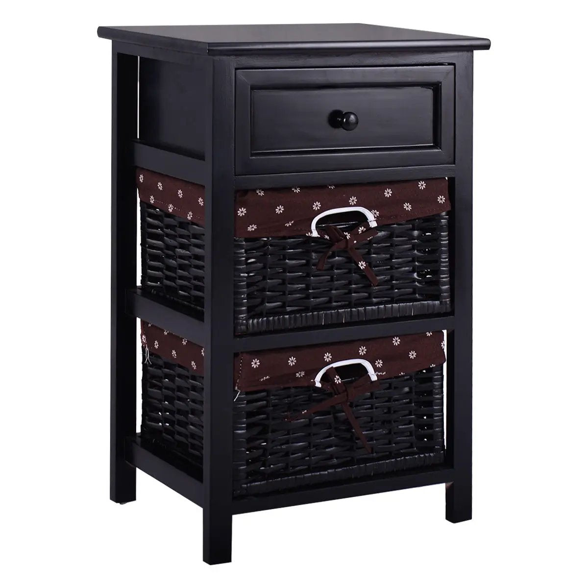 3 Tiers Wooden Storage Nightstand with 2 Baskets and 1 Drawer, photo 2 of 9