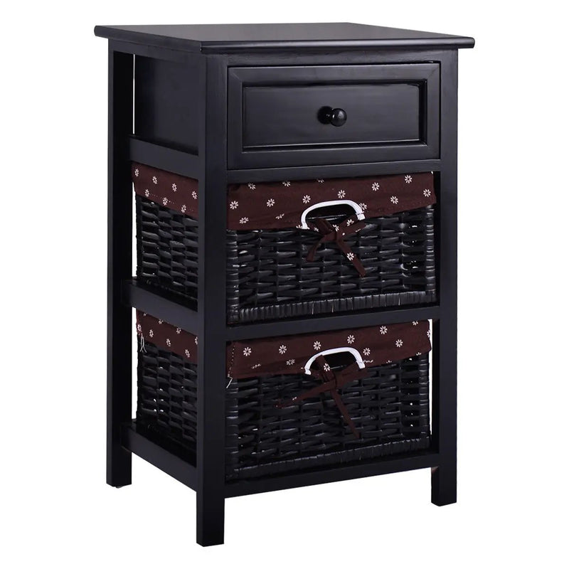 3 Tiers Wooden Storage Nightstand with 2 Baskets and 1 Drawer by DirectDeals