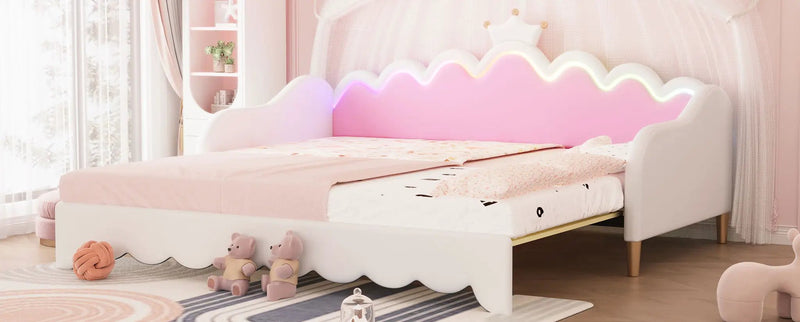 Extending Daybed With LED Lights, Modern Upholstered Princess Daybed With Crown Headboard by HouseOfZazla
