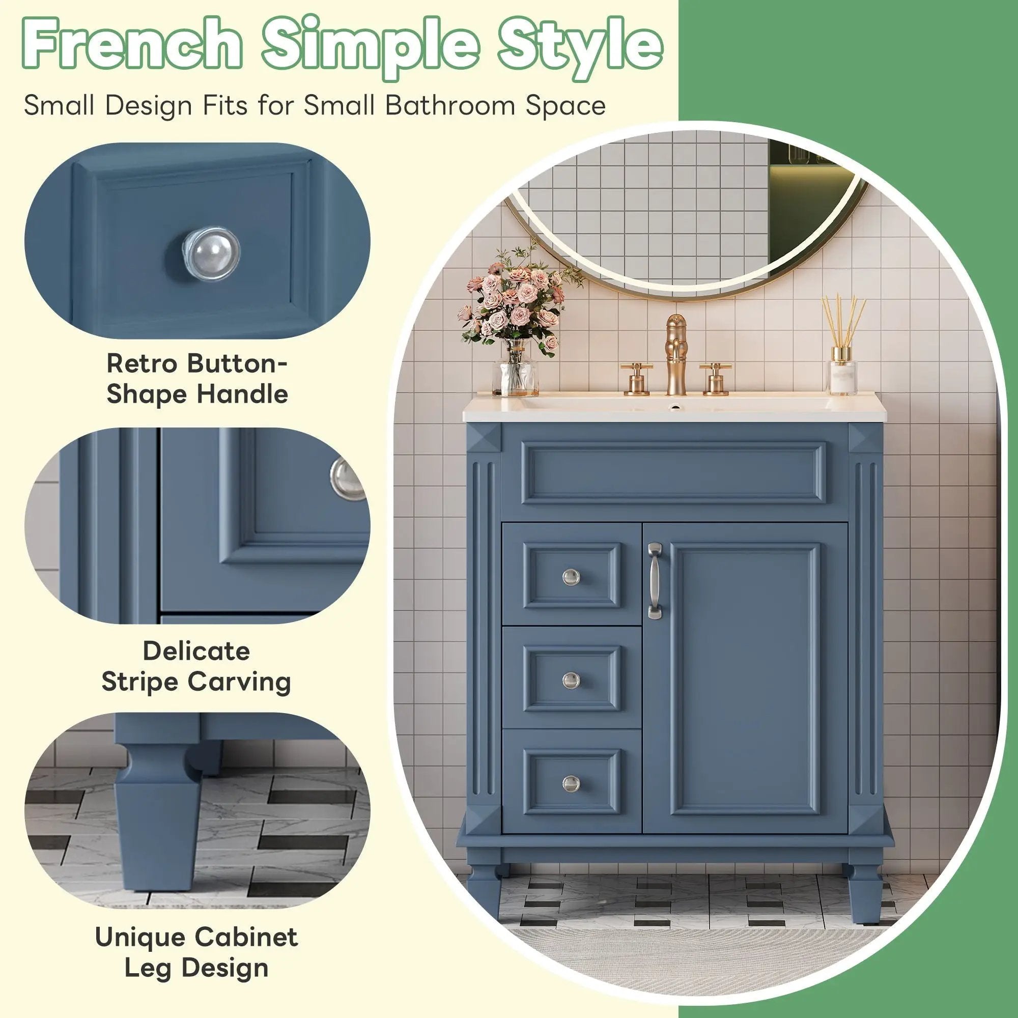 Bathroom Vanity With Sink, Compact Cabinet & 2 Drawers And Adjustable Shelf