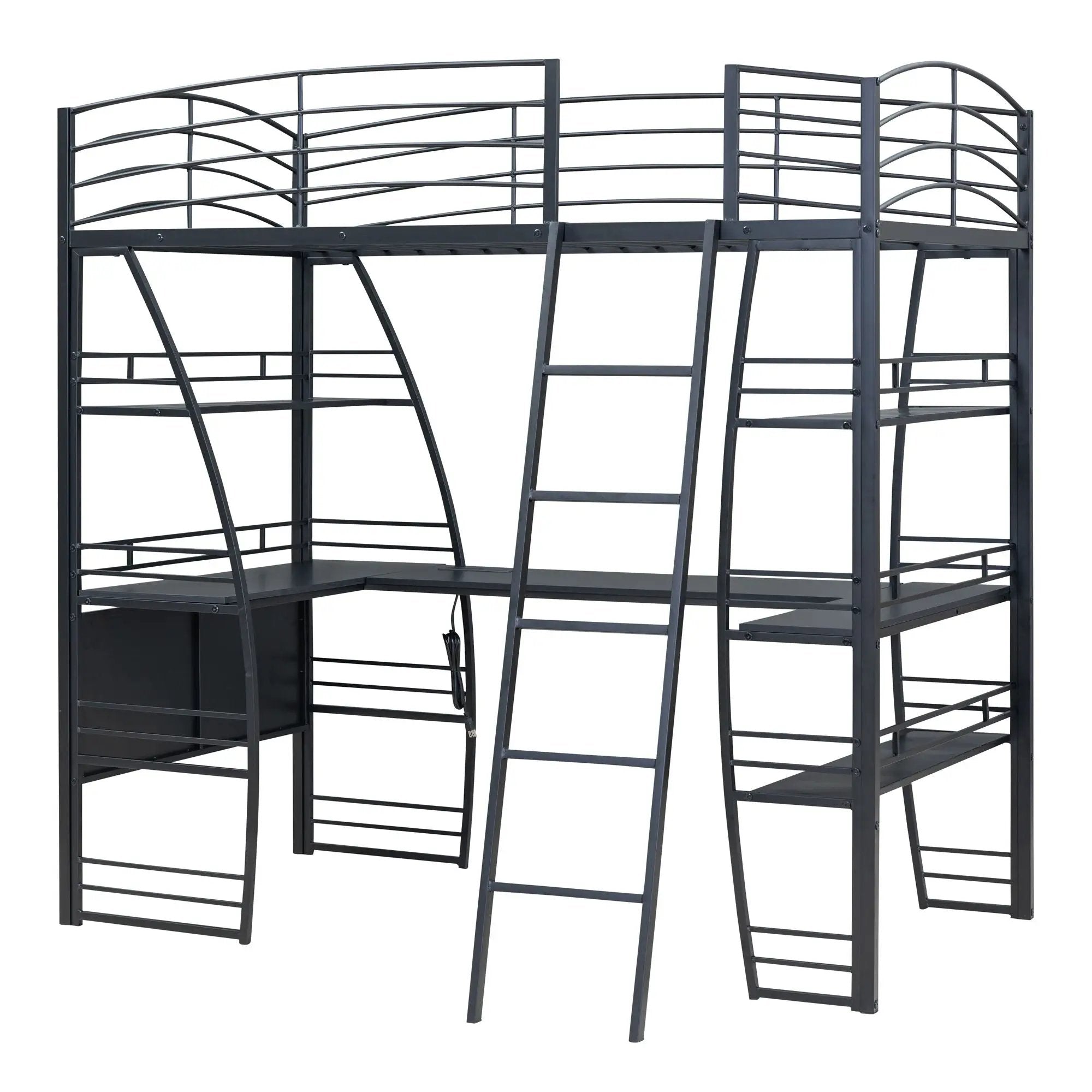 Loft Bed With 4 Layers Of Shelves And L-Shaped Desk, Stylish Metal Frame Bed With A Set Of Sockets, USB Ports And And Wireless Charging by HouseOfZazla