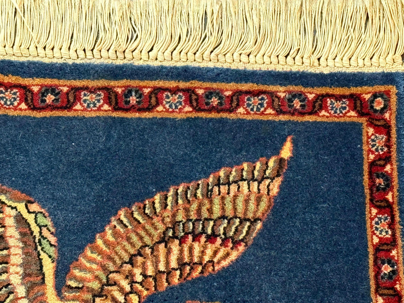 Pictorial Rug of American Flag with Bald Eagle, Small Indo Persian Pictorial Rug, Blue, Handmade, Very Fine 330 KPSI by Jewel Rugs