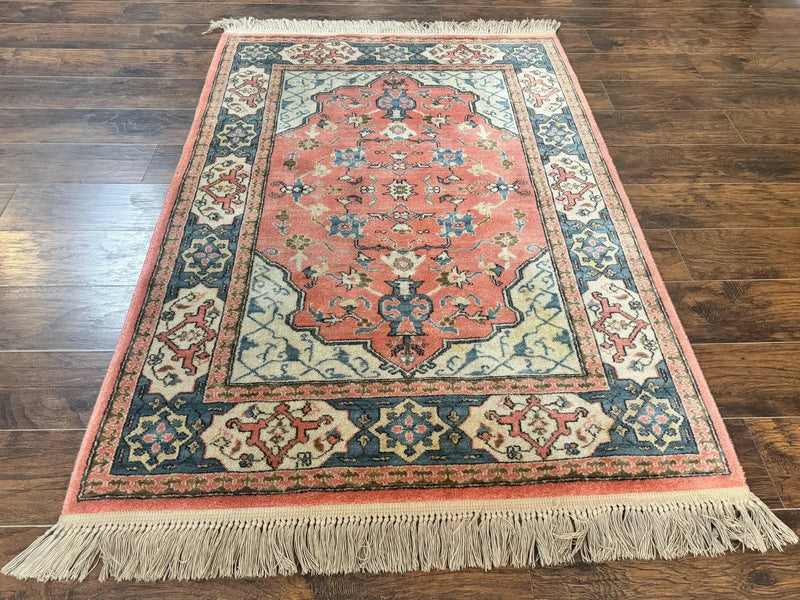 Karastan Rug 4x6 Bergama Design #737, Karastan Area Rug, Vintage Wool Karastan Carpet, Original Collection 700 Series, Salmon Red Light Blue by Jewel Rugs