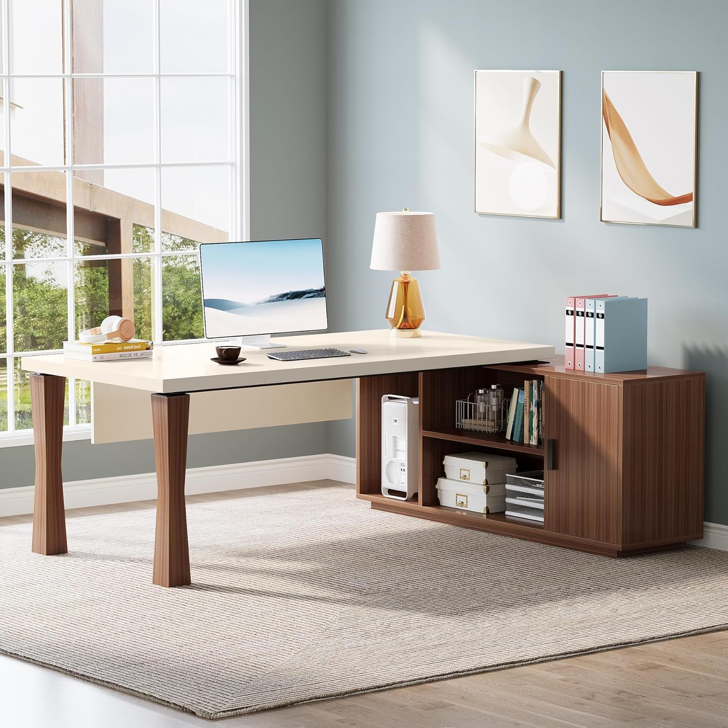 L-Shaped Executive Desk With Storage Cabinet, Home Office Workstation With Shelves - White / Walnut by HouseOfZazla