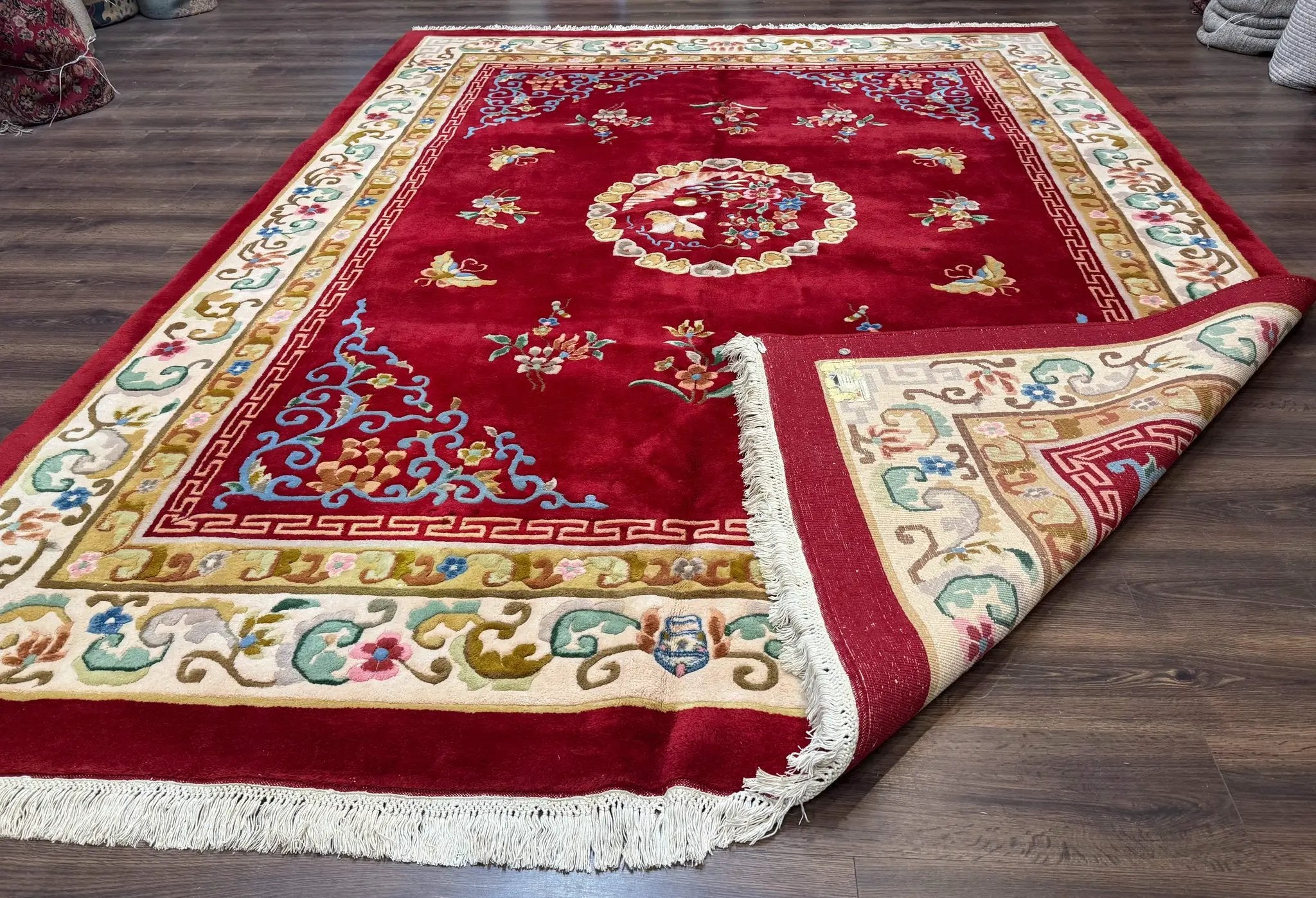Indo Chinese Wool Rug 9x12, Red Art Deco Carpet, Vintage by Jewel Rugs