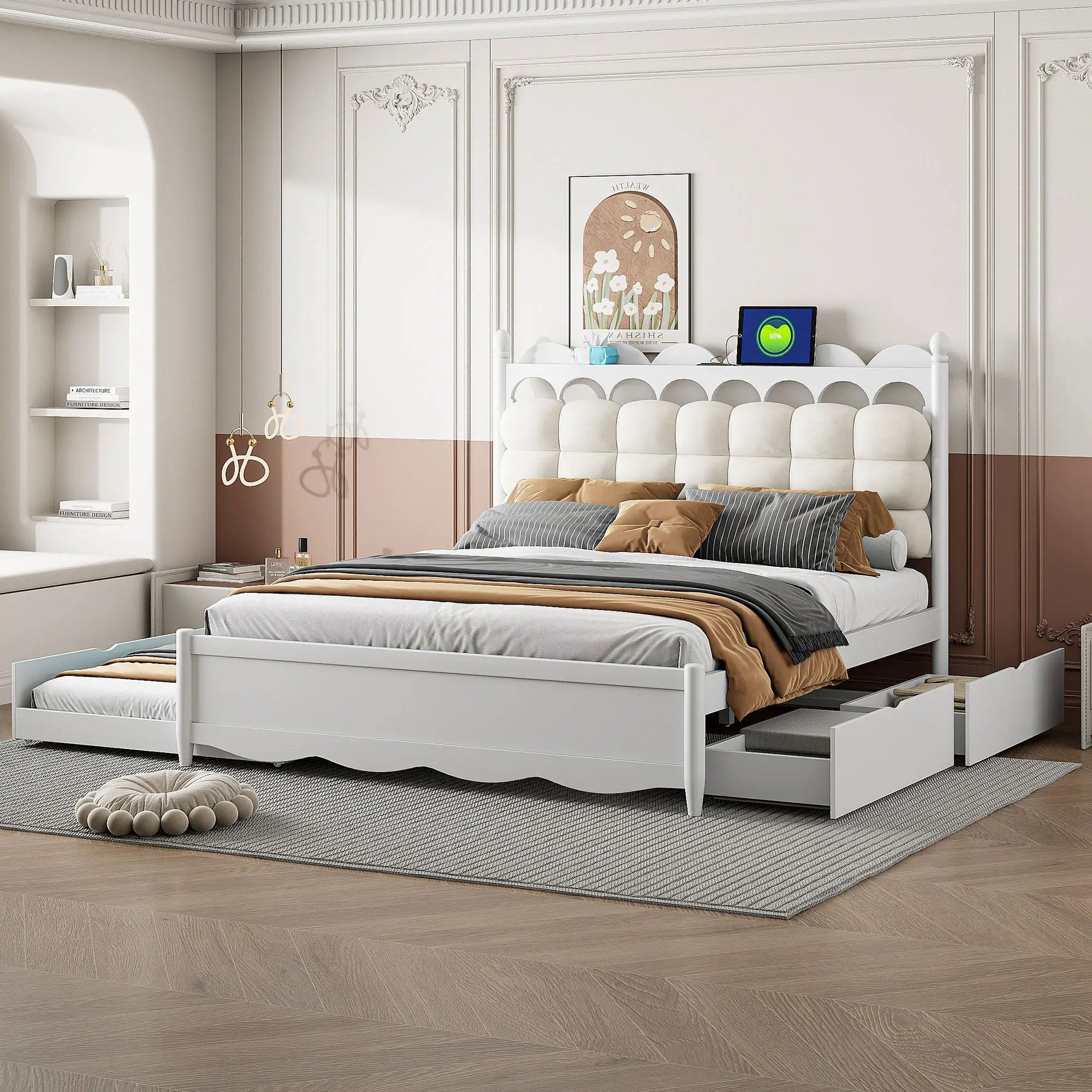 Storage Platform Bed, With 2 Big Drawers, Trundle, One Set Of Sockets & USB Ports by HouseOfZazla