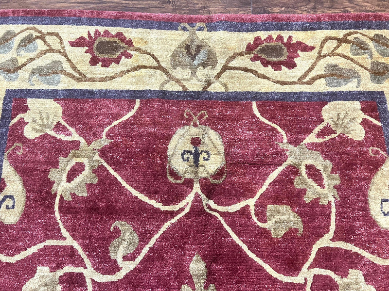 Tibetan Aubusson Rug 8x10, Maroon and Beige, Floral, Handmade, Wool, Vintage, Traditional Rug by Jewel Rugs