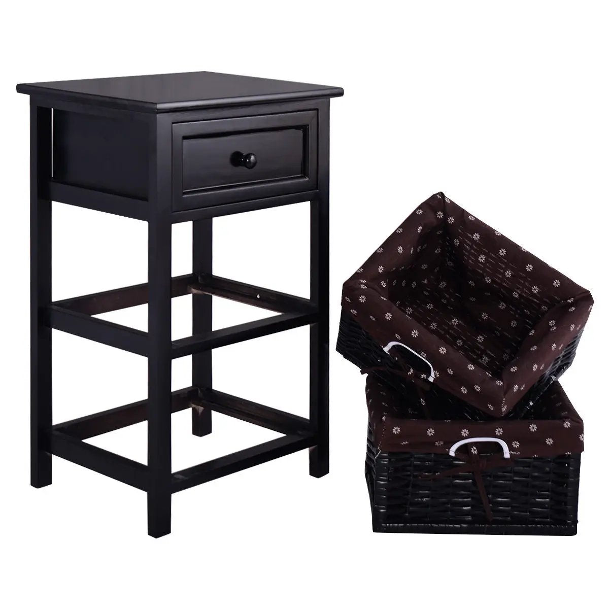 3 Tiers Wooden Storage Nightstand with 2 Baskets and 1 Drawer, photo 8 of 9