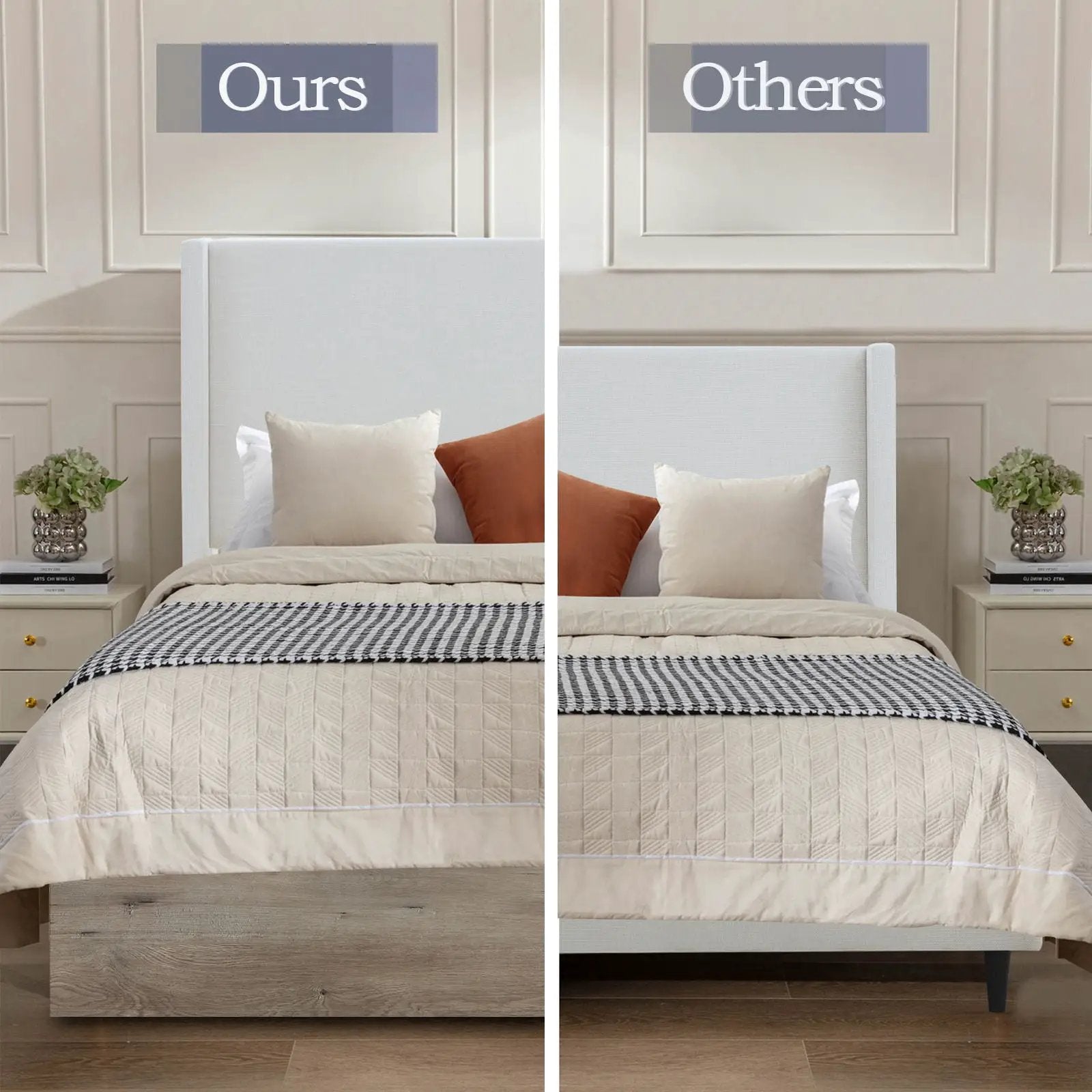 Shelton - Queen Upholstered Wingback Bed With 54" High Headboard - Ivory / Light Gray / Camel Oak