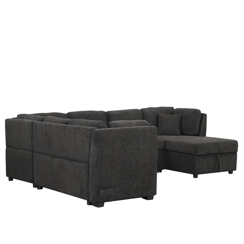 U-Shaped Sectional Sofa Pull Out Sofa Bed With Two USB Ports, Two Power Sockets, Three Back Pillows And A Storage Chaise For Living Room by HouseOfZazla