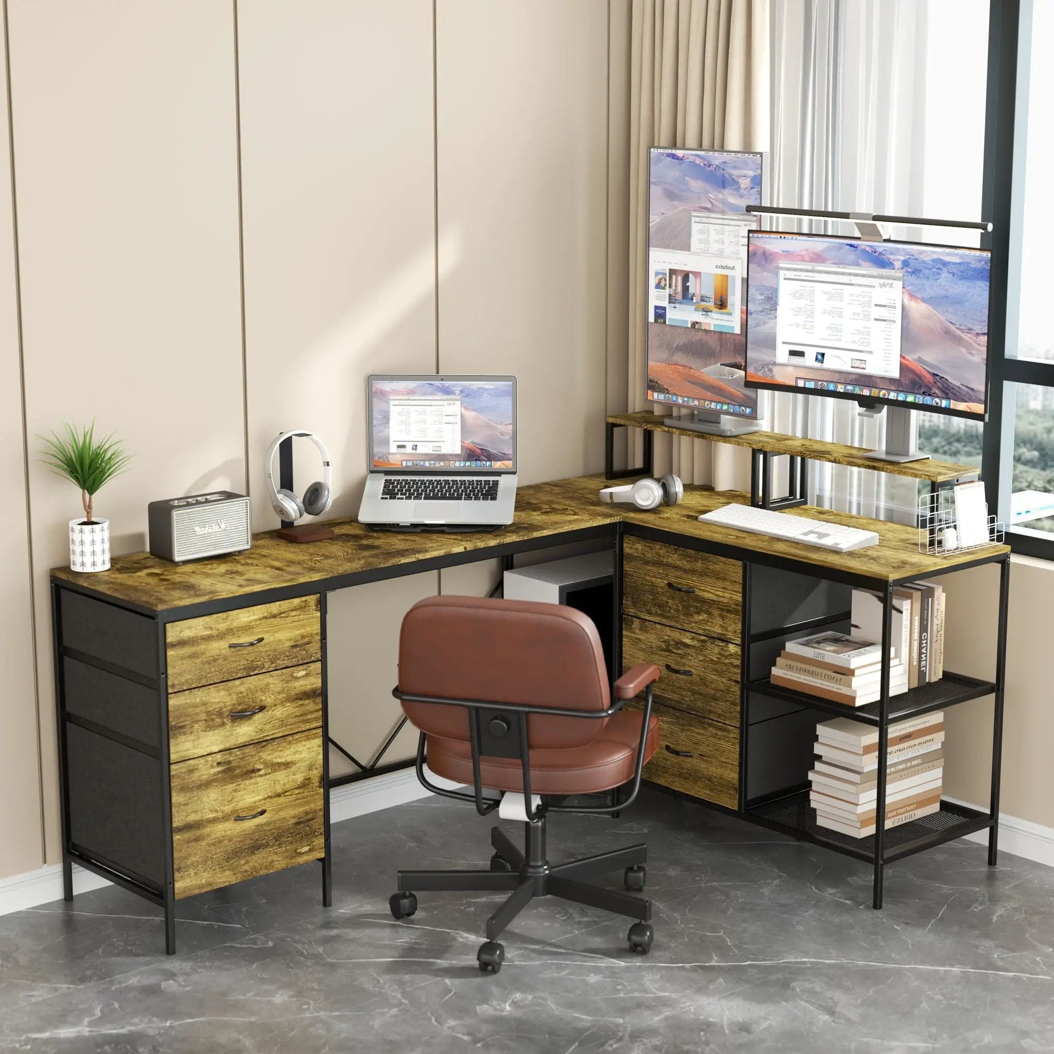 Industrial L Shaped Desk With Power Hub With 6 Drawers And Adjustable Monitor Stands - Brown by Unique Piece Furniture