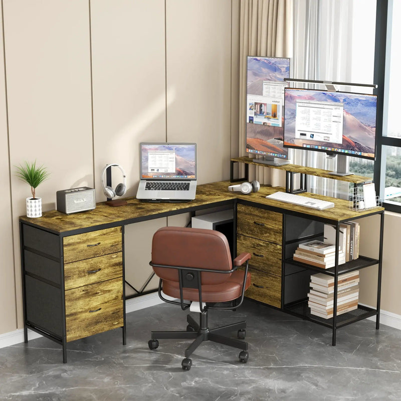 Industrial L Shaped Desk With Power Hub With 6 Drawers And Adjustable Monitor Stands - Brown by Unique Piece Furniture