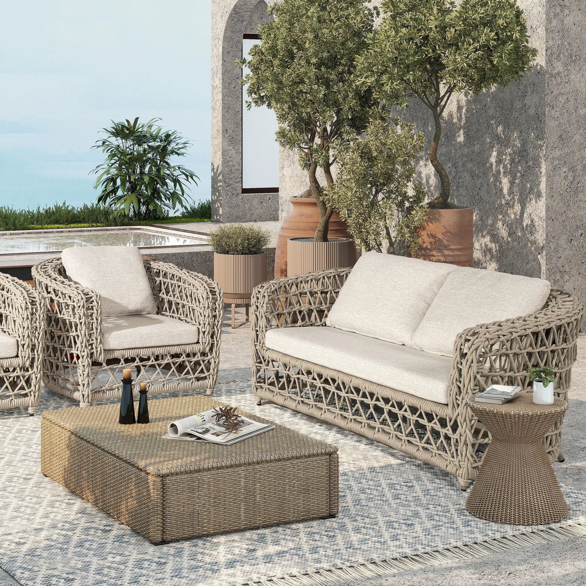 Everly - Frame Barrel Deep Seating Patio Loveseat Sofa Axroma Olefin - Oat Beige by HouseOfZazla