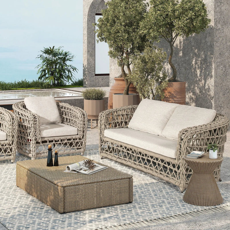 Everly - Frame Barrel Deep Seating Patio Loveseat Sofa Axroma Olefin - Oat Beige by HouseOfZazla