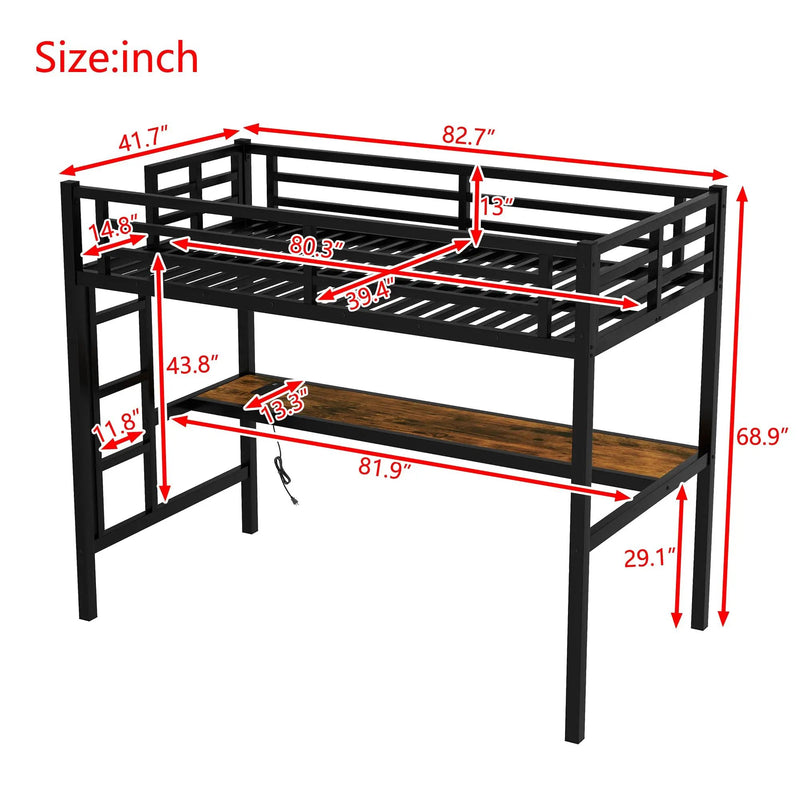 Metal Twin XL Size Loft Bed with Power Outlet and LED Light by HouseOfZazla