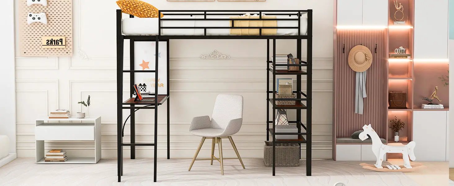 Loft Metal Bed With 3 Layers Of Shelves And Desk, Stylish Metal Frame Bed With board by HouseOfZazla
