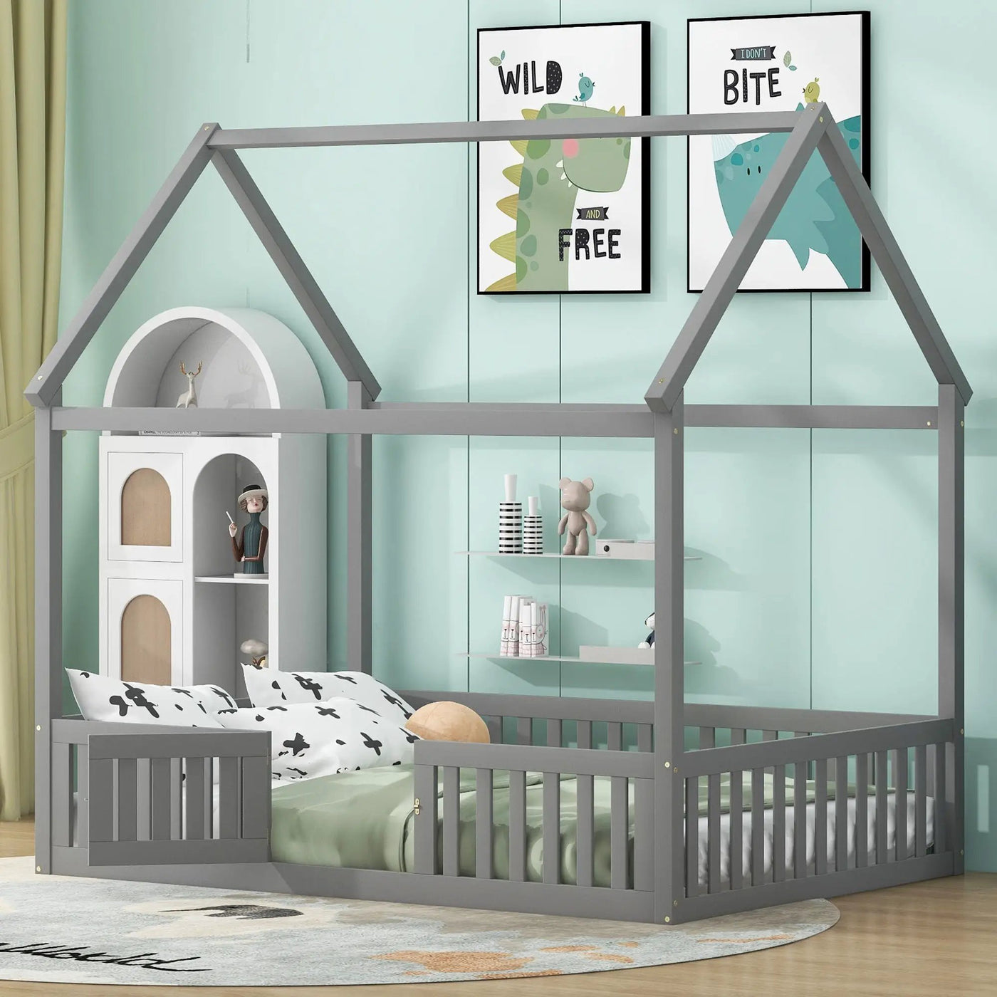 Wood House Bed With Fence And Door by Unique Piece Furniture