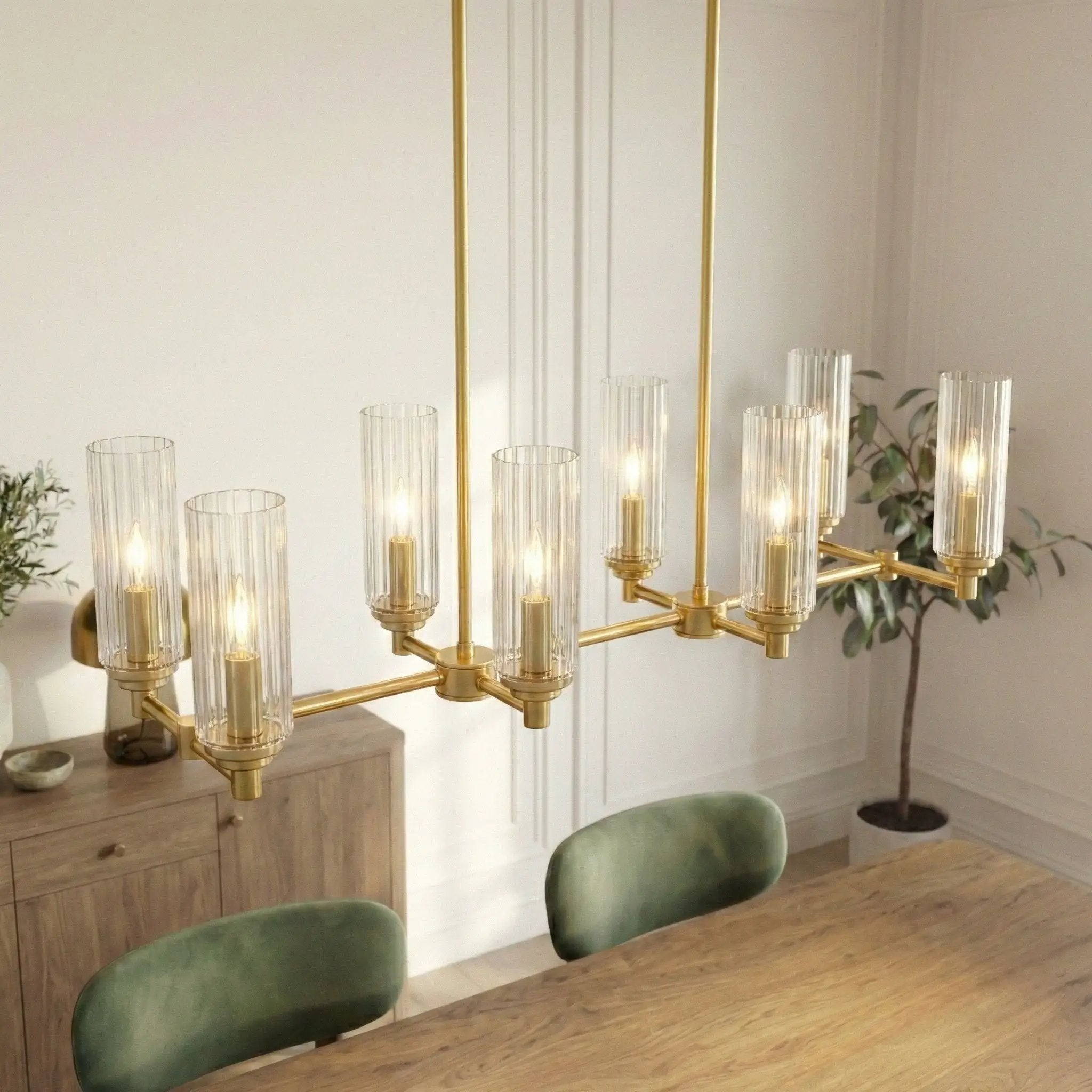 Willow - 8 Lights Island With Clear Ribbed Pendant Lamp Satin - Antique Brass / Clear / Gold by Unique Piece Furniture