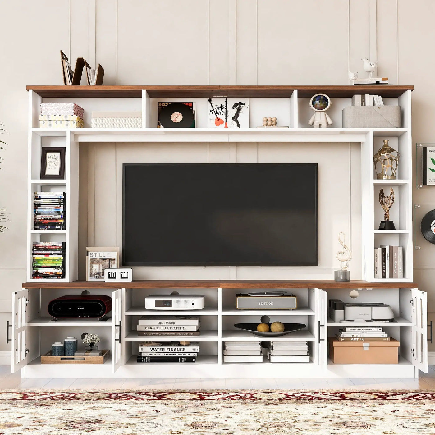 Wall Unit Entertainment Center With Bookshelves For TVs Up To 80", Tempered Glass Doors And Adjustable Shelves by Unique Piece Furniture
